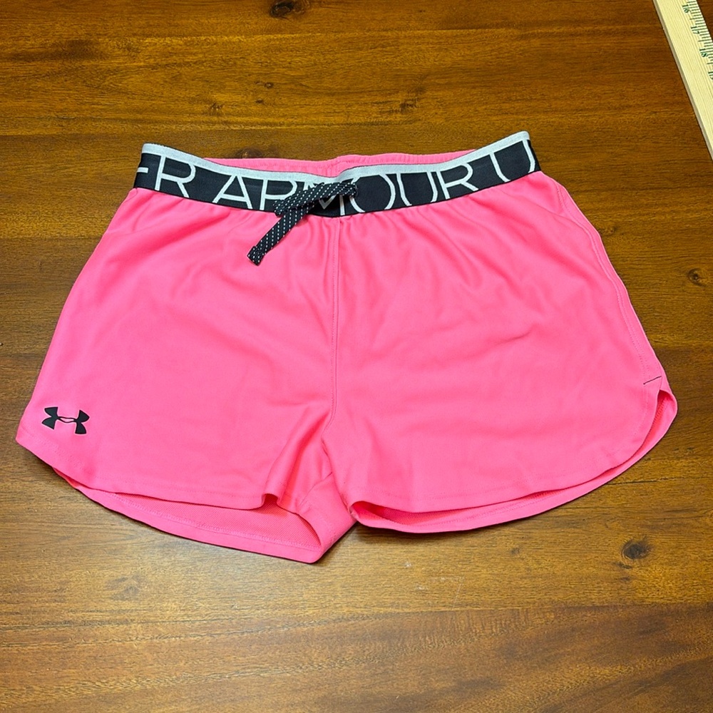 Under Armour pink girls athletic shorts with drawstring waist. Size youth Large